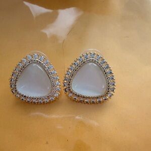 Gold and White Triangle Halo Stud Earrings